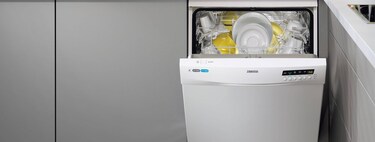 front view of open dishwasher with clean dishes
